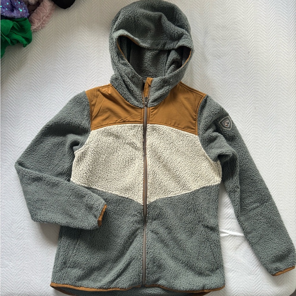 Kuhl Green and Tan Teddy Jacket with Stand-Up Collar